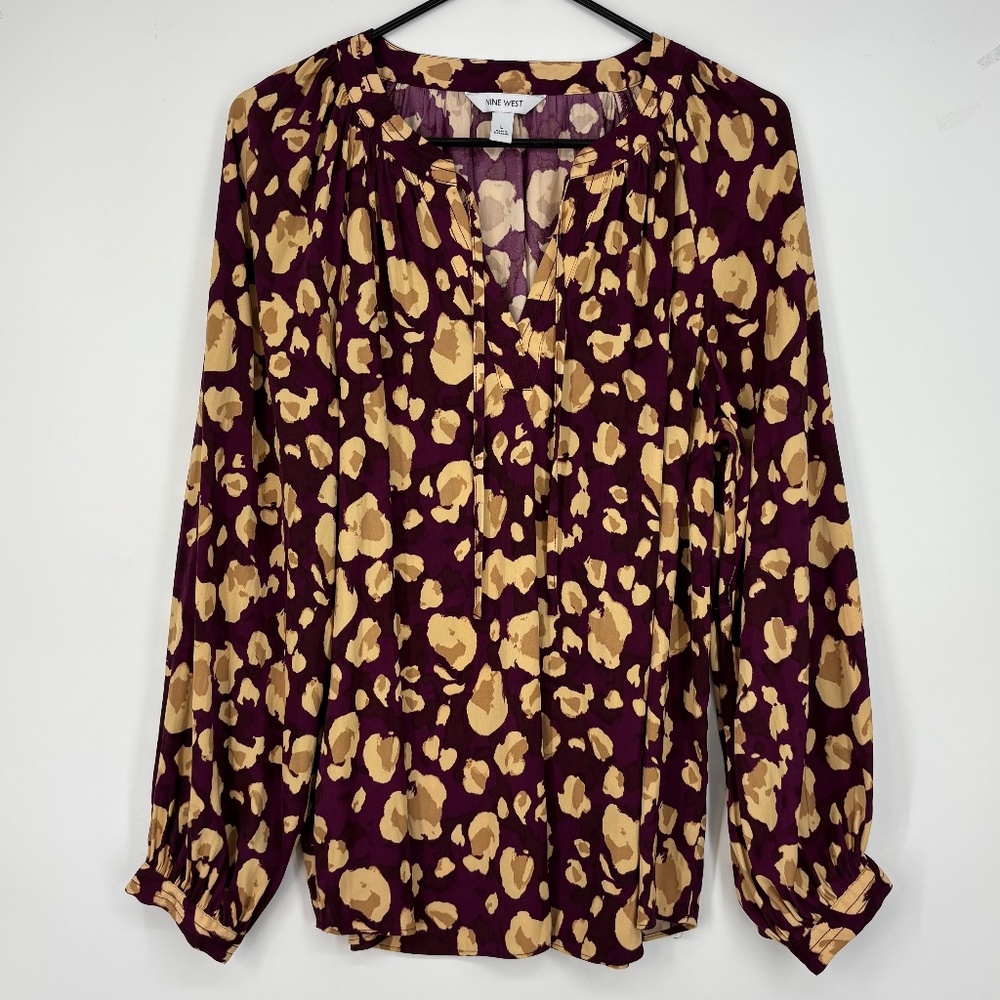 Nine West Womens Large Pullover Blosue Magenta Purple Beige Animal Print Long Sl